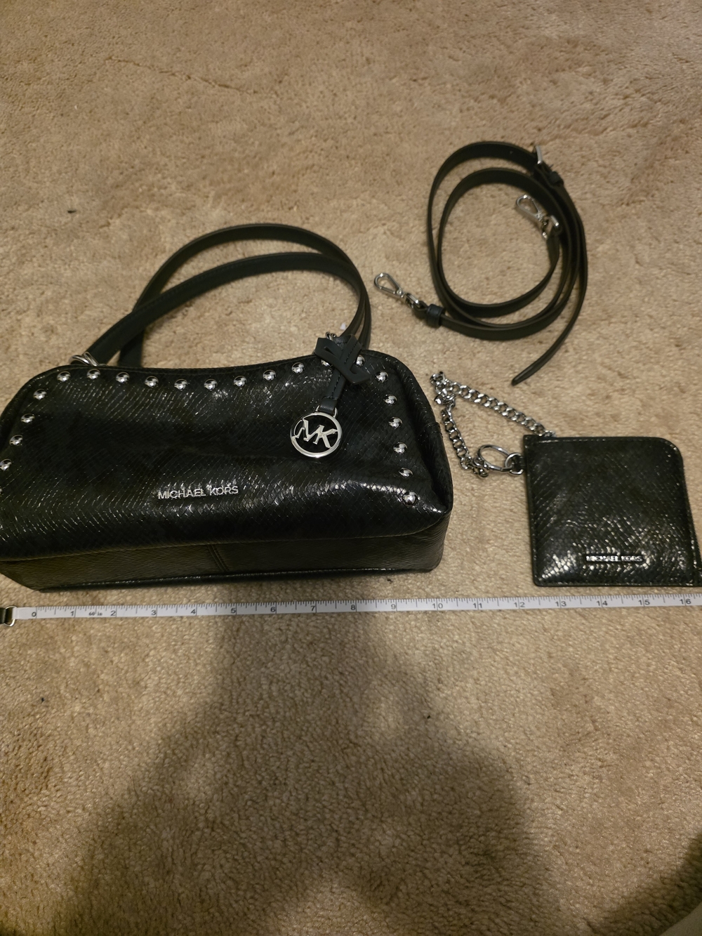 Michael Kors Black Studded Saffiano Leather Shoulder Bag with Card Case